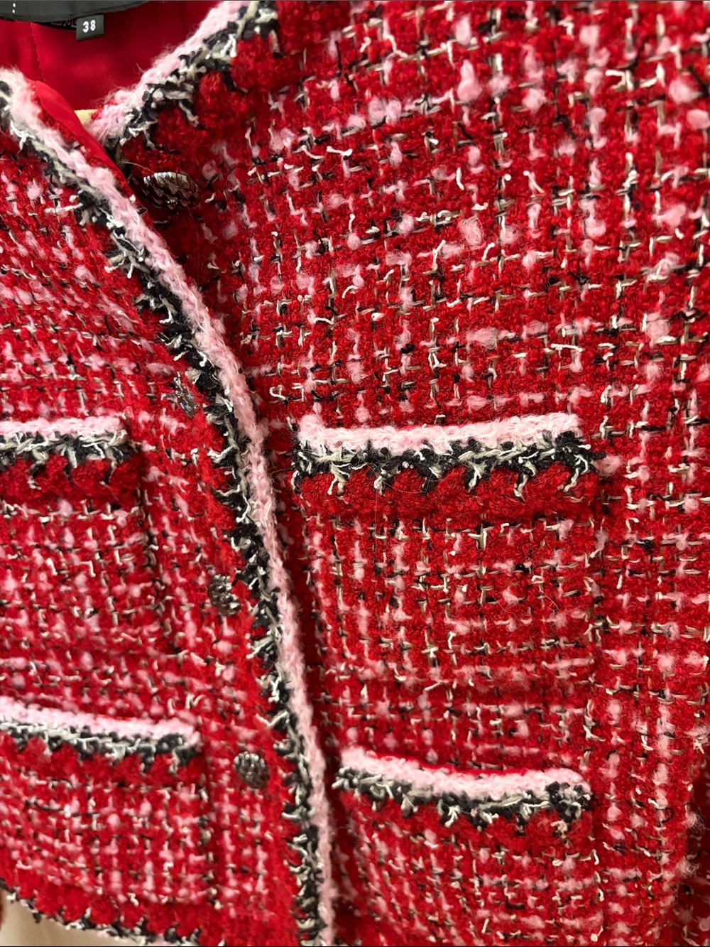 Red Tweed Bouclé Cropped Blazer with Contrast Trim - Picture 7 of 10